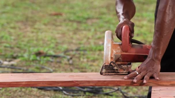 Cutting wood plank by chainsaw blade — Stock Video