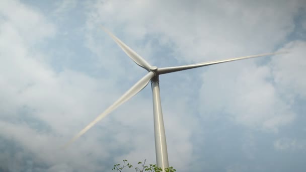 Vindkraftverk för grön energikoncept, tagit en mulen dag med damm miljön — Stockvideo