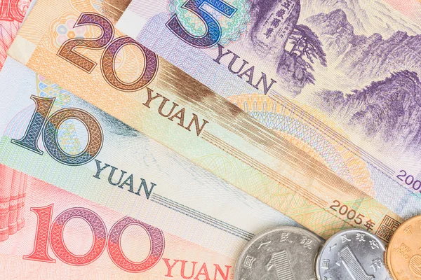 Chinese or Yuan banknotes money and coins from China's currency, — Stock Photo, Image