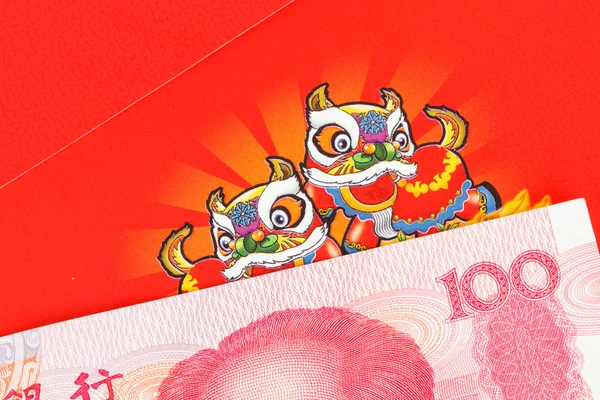 Chinese or 100 Yuan banknotes money in red envelope, as chinese — Stock Photo, Image