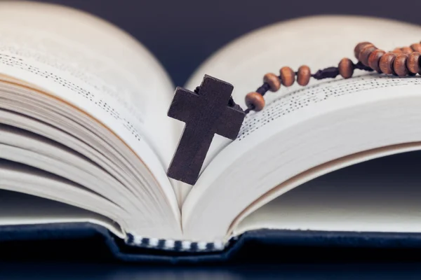 Christian halsketting kruis op de Heilige Bijbel boek, Jezus religie conc — Stockfoto
