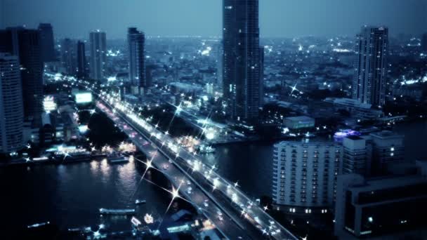 야간 도시 조명 및 추상 배경, 비즈니스 건물 빛, 새 눈 높은 각도 보기도 방콕에서 트래픽을 — 비디오