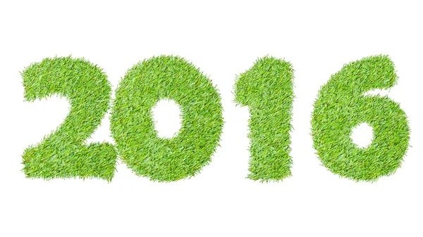 2016, New Year made from the green grass, isolated on white can — стоковое фото