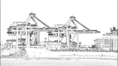 Lojistik tedarik zinciri kavramı, liman ve vinç konteyner kargo gemi taşıma ithalat ihracat, kroki kalem, zaman atlamalı