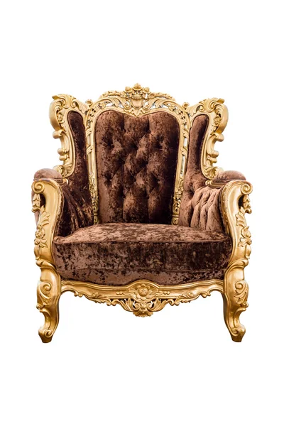 Starego rocznika brązowy aksamitny fotel klasyczny z isolat kolor złoty — Zdjęcie stockowe
