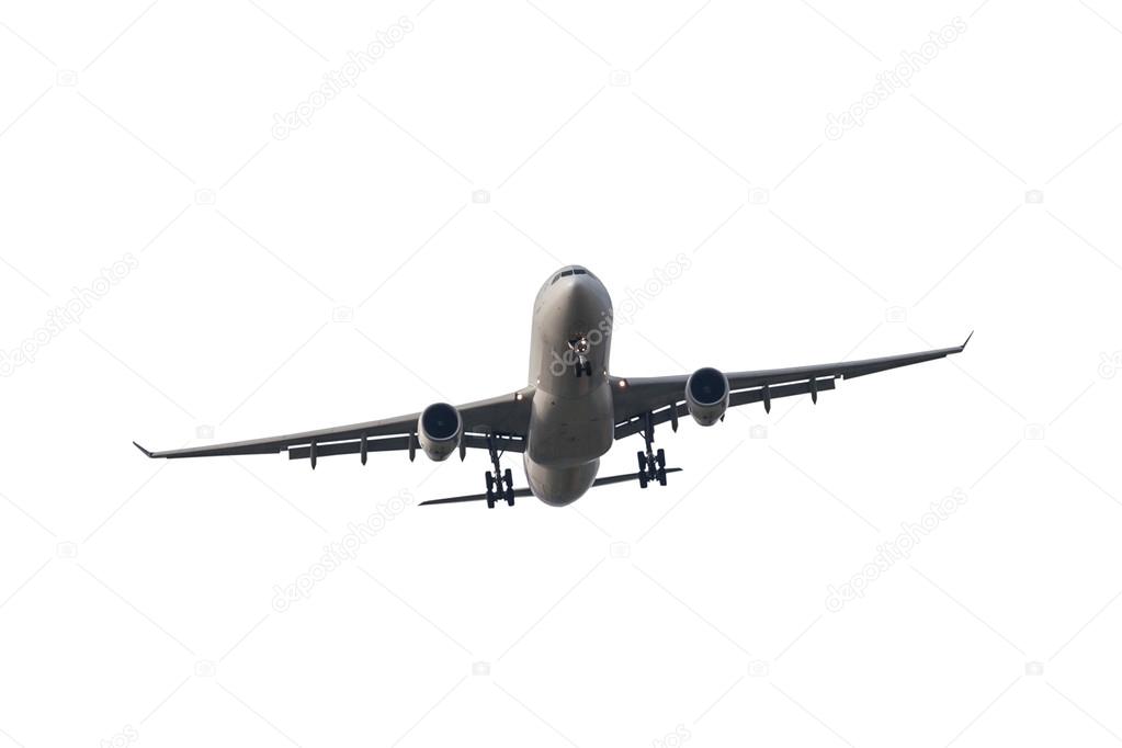 Passenger business airplane take off and flying on white backgro
