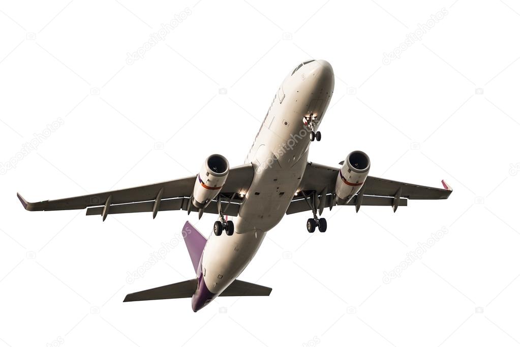 Passenger business airplane take off and flying on white backgro