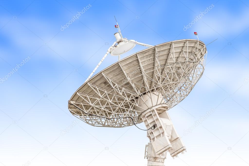 satellite dish antenna radar big size isolated on blue sky backg