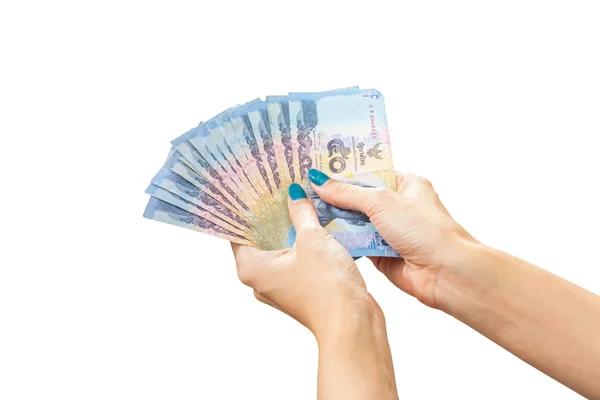 Thai Banknote money in female hand, isolated on white background — Stock Photo, Image