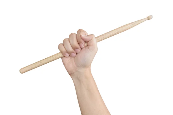 Mannenhand verhogen of het bedrijf drum sticks geïsoleerd op witte backg — Stockfoto