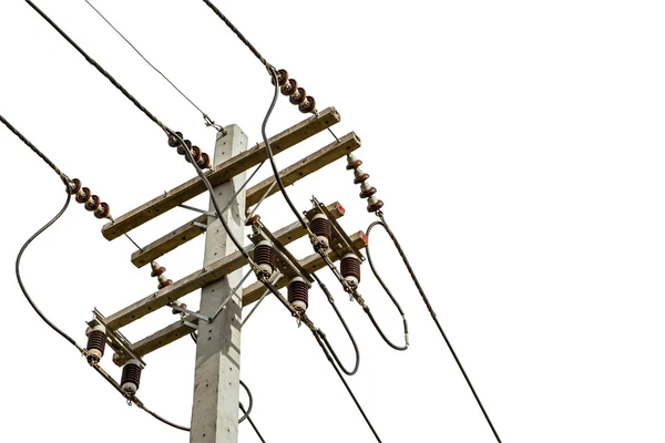 Cabos de arame no poste de eletricidade da cidade para conceito de segurança o — Fotografia de Stock