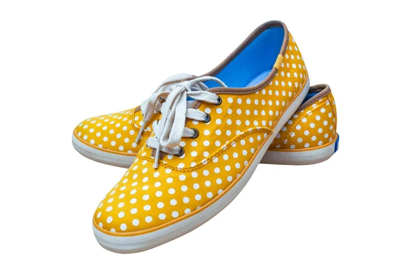 Ζευγάρι πάνινα παπούτσια, εκλεκτής ποιότητας dot κίτρινο χρώμα που απομονώνονται σε λευκό backg — Φωτογραφία Αρχείου