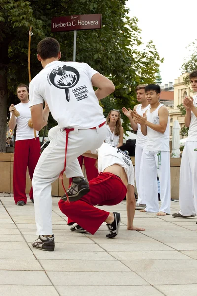 Warszawa, Polska, 01 sierpnia: Niezidentyfikowane capoeira tancerz na ulicy wydajność na 01 sierpnia 2014 roku w Warszawie, Polska. — Zdjęcie stockowe