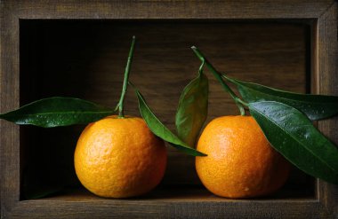 Tahta bir kutuda taze mandalinalar.