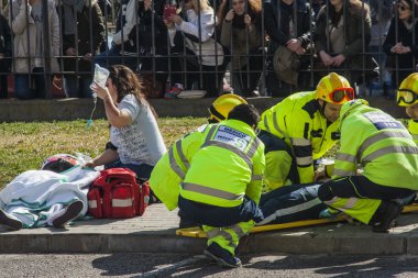 Health emergencies working on an incident in Talavera de la Reina, Toledo, Spain clipart