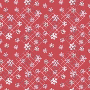Kırmızı zemin üzerinde kar taneleri ve ızgara kareleri. Herhangi bir kullanım için kusursuz desen.