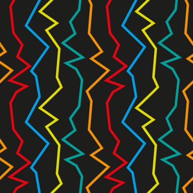Siyah arkaplanda çok renkli parlak zikzaklar var. Herhangi bir kullanım için kusursuz desen.