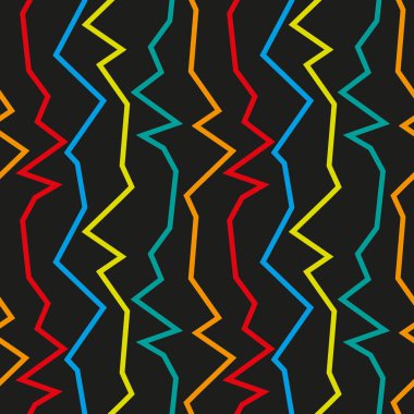 Siyah arkaplanda çok renkli parlak zikzaklar var. Herhangi bir kullanım için kusursuz desen.