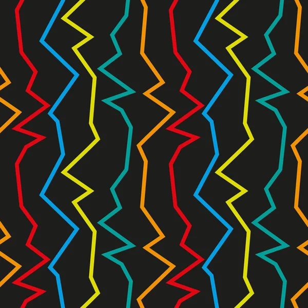 Zigzags Multicolores Brillantes Sobre Fondo Negro Patrón Sin Costura Para — Vector de stock