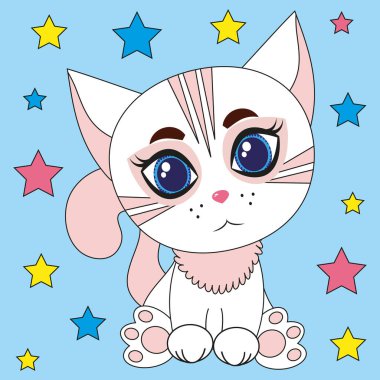 Parlak yıldızların arka planında beyaz bir kedi. Poster, kartpostal, pankart.