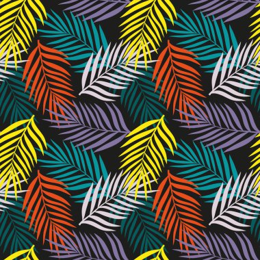Siyah arka planda farklı parlak renkte palmiye yaprakları. Tropik arka plan teması. Herhangi bir kullanım için kusursuz desen.
