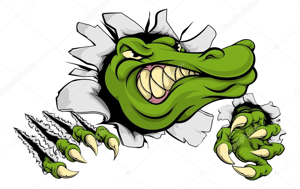 A cartoon alligator or crocodile smashing through a wall with claws and head