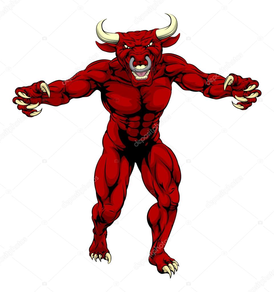 A mean tough muscular red bull sports mascot character advancing with claws out