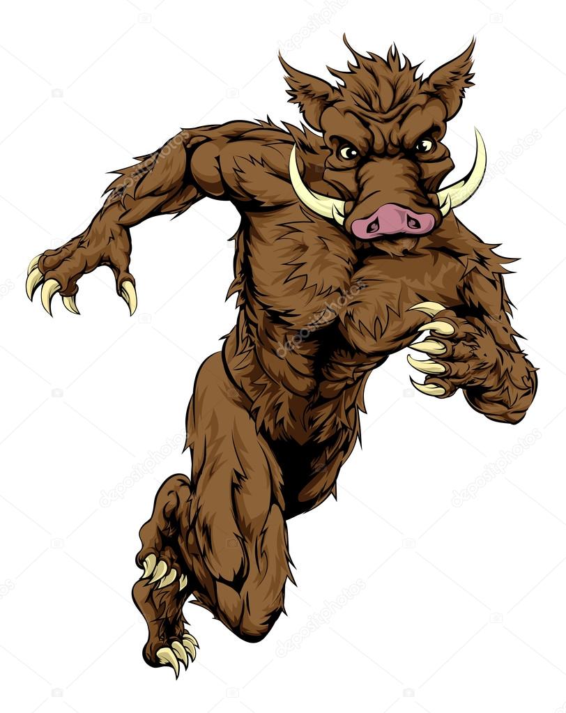 A drawing of a mean looking boar sports character mascot running