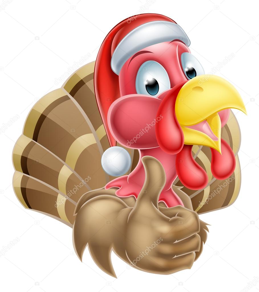 Cartoon Christmas turkey mascot giving a thumbs up and wearing a Christmas Santa hat