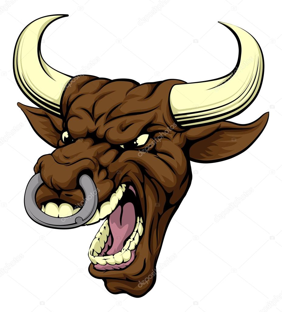 A drawing of a very angry looking bull mascot face
