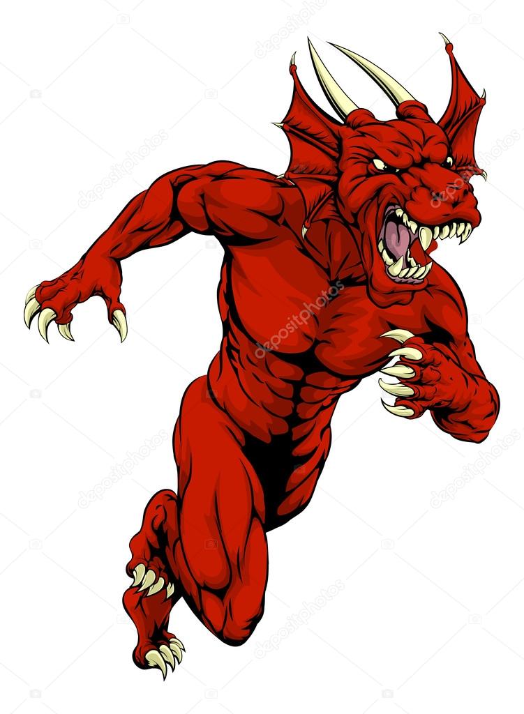 An aggressive muscular red dragon sports mascot character charging