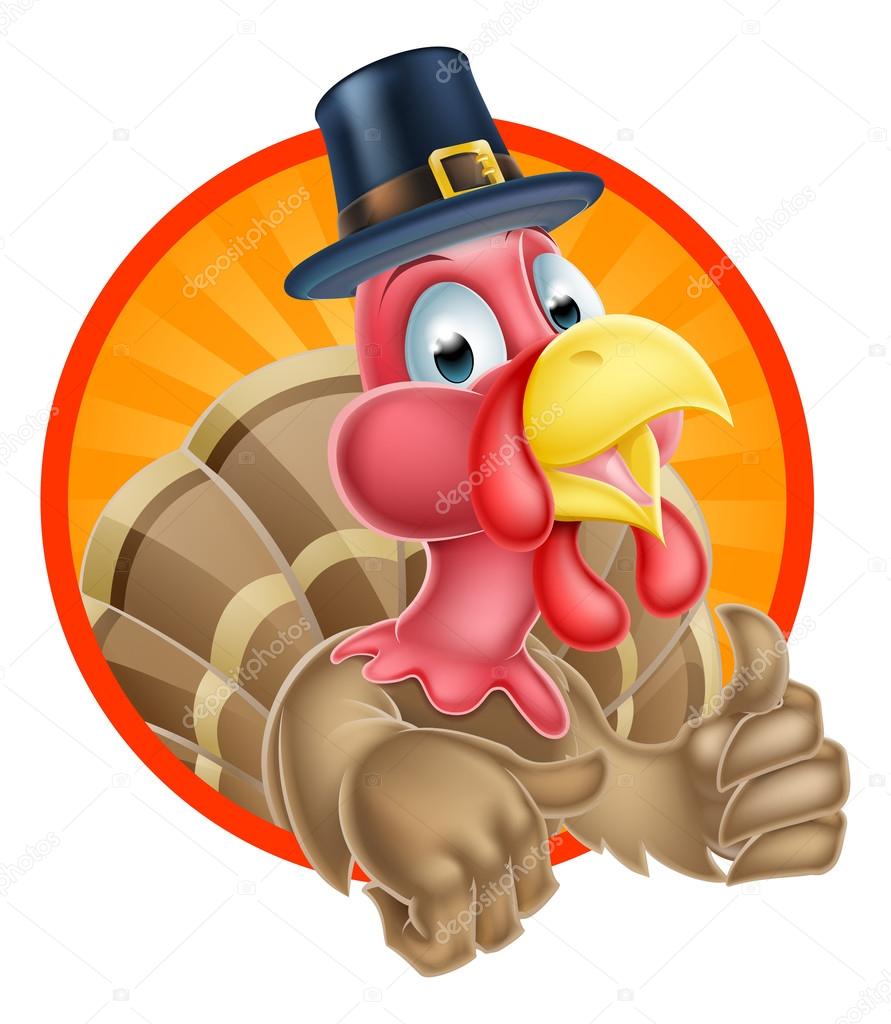 Thanksgiving turkey mascot giving a thumbs up and wearing a pilgrim hat