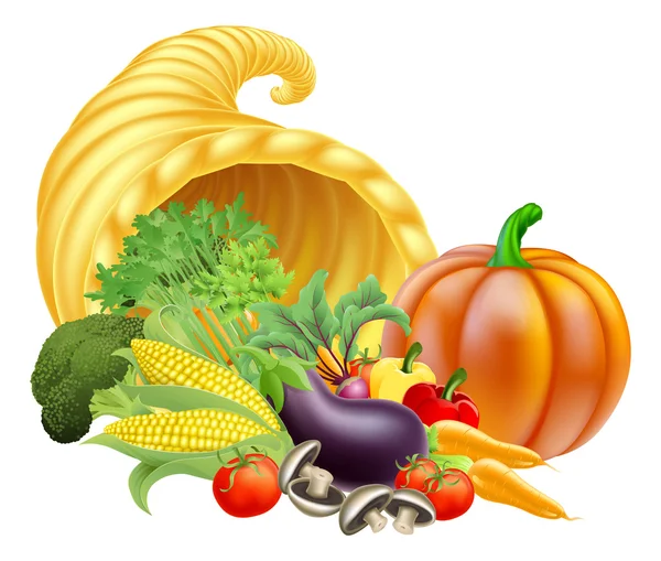 Thanksgiving of Gouden Hoorn des overvloeds hoorn des overvloeds vol groenten en fruit — Stockvector