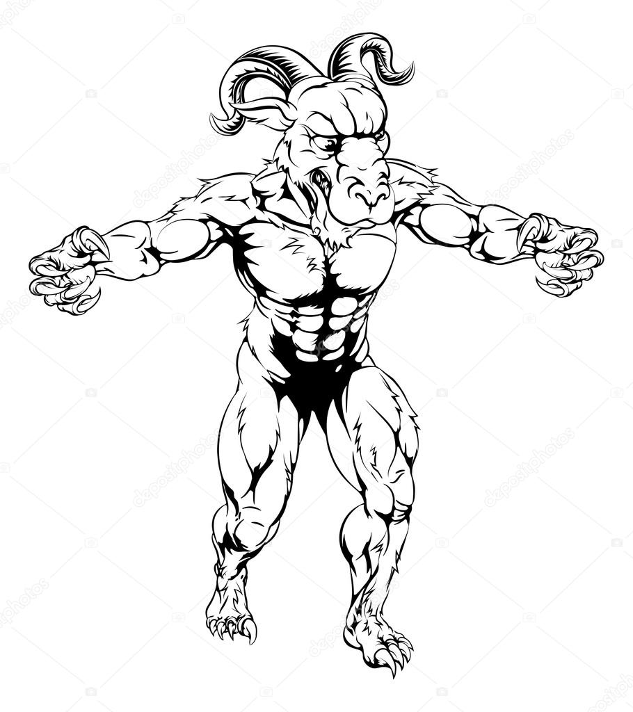 Ram sports mascot character in black and white standing with claws out