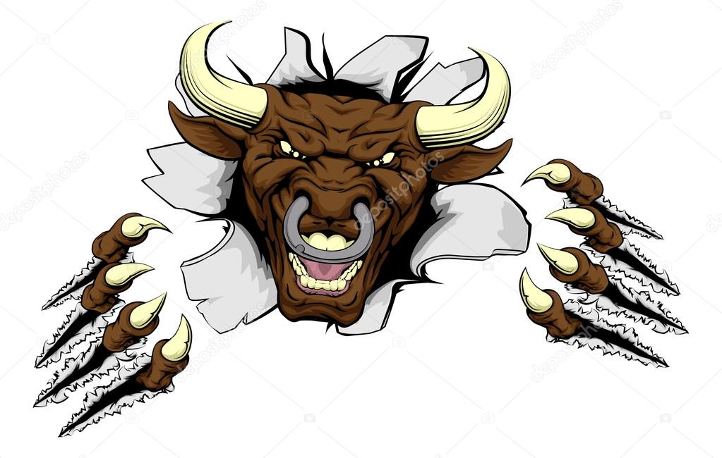 A mean looking bull mascot character breaking out through a wall