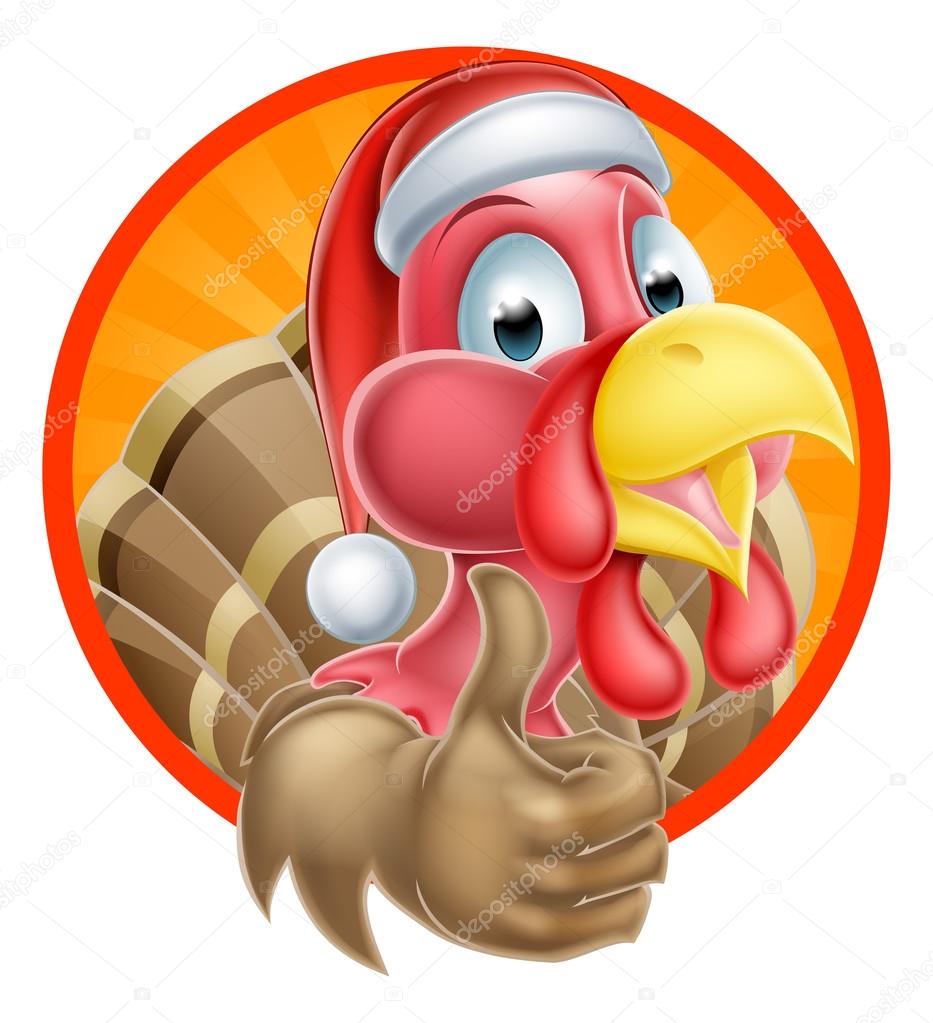 Cartoon Christmas turkey mascot giving a thumbs up and wearing a Santa Claus hat