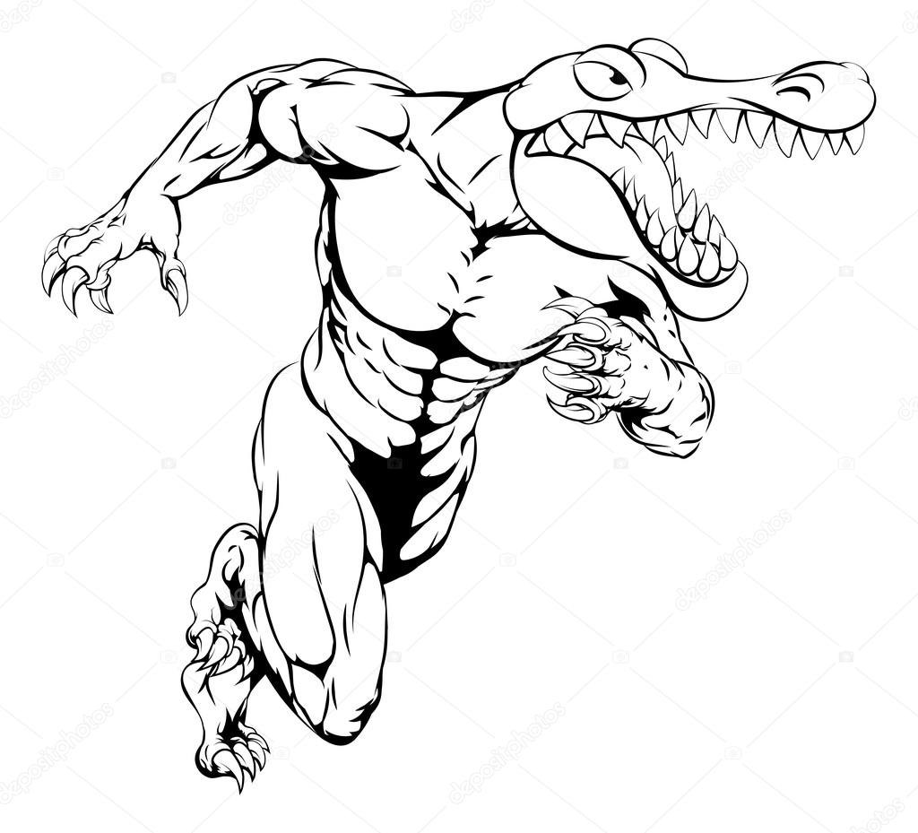 A cartoon scary alligator or crocodile mascot sprinting or charging