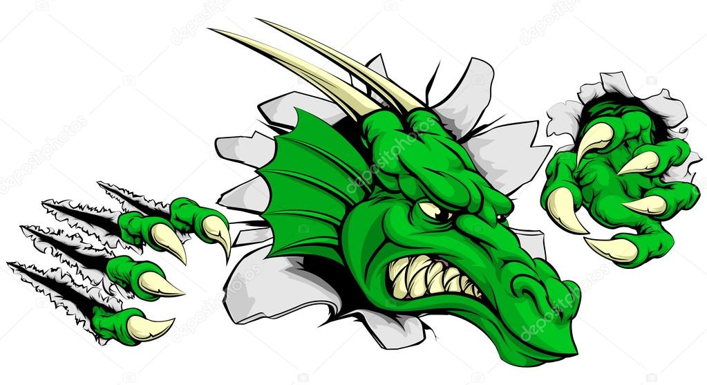 A tough dragon animal sports mascot breaking through a wall