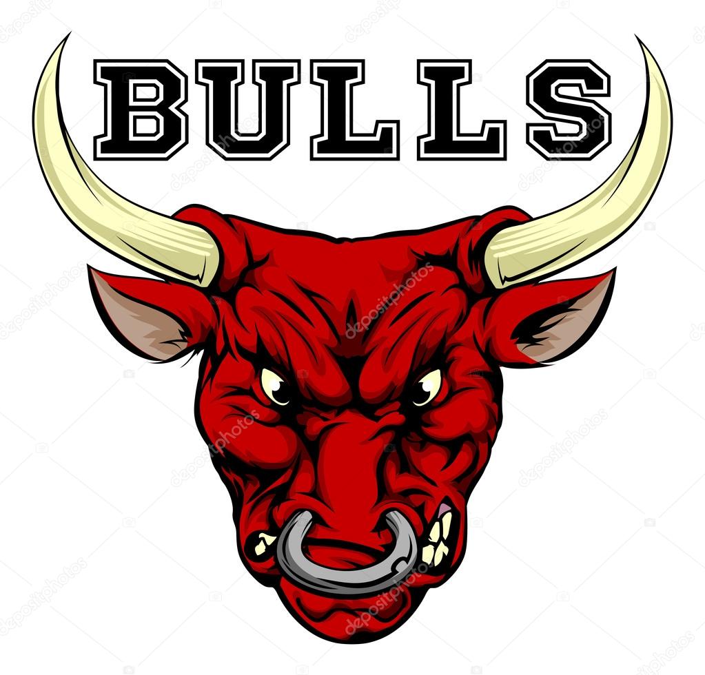 An illustration of a bull sports mascot head with the word bulls