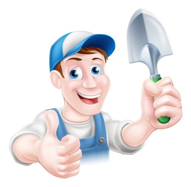 Bir çizgi film bahçıvan karakter bir bahçe malası araç tutarak ve bir Yaşasın vererek bir kap ve mavi kaba pamuklu tulum