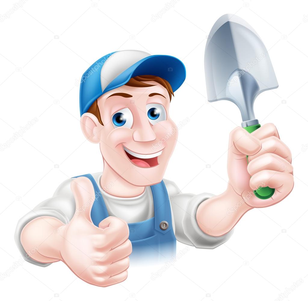A cartoon gardener character in a cap and blue dungarees holding a garden trowel tool and giving a thumbs up