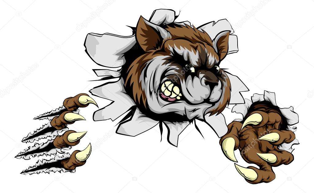 A scary raccoon mascot ripping through the background with sharp claws