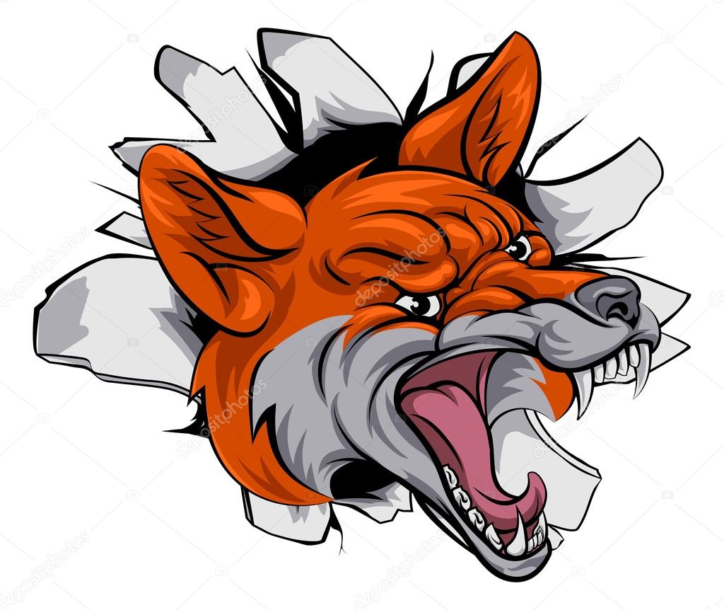 An illustration of a fox animal sports mascot cartoon character breaking through background