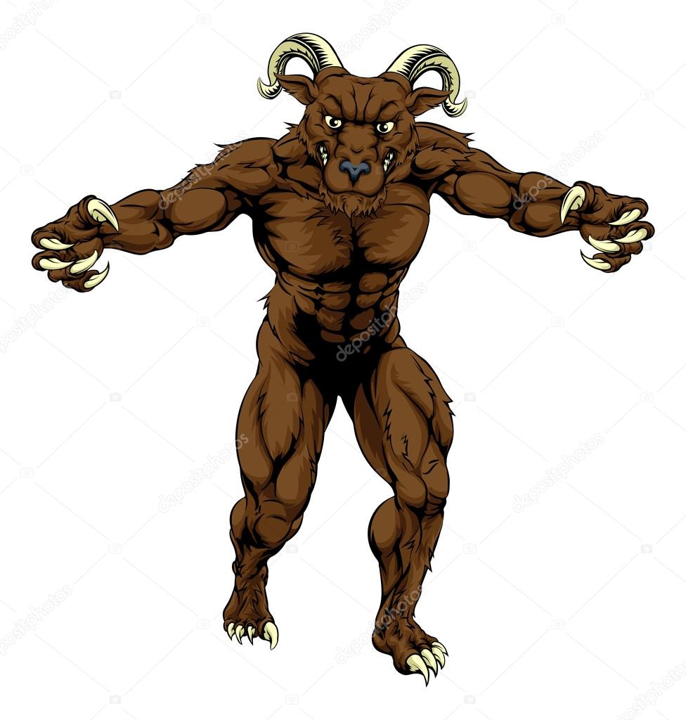 A mean tough muscular ram sports mascot character advancing with claws out