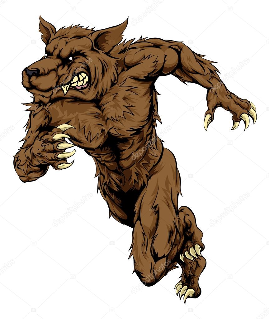 An illustration of a sprinting running wolf or werewolf character, great as a sports or athletics mascot