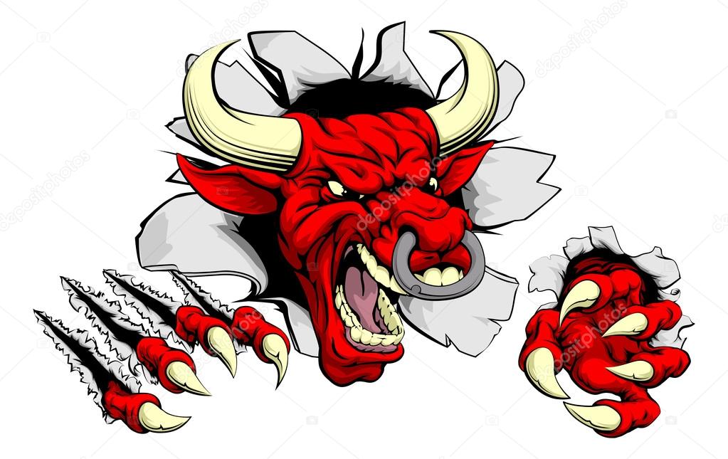 A tough red bull animal sports mascot breaking through a wall