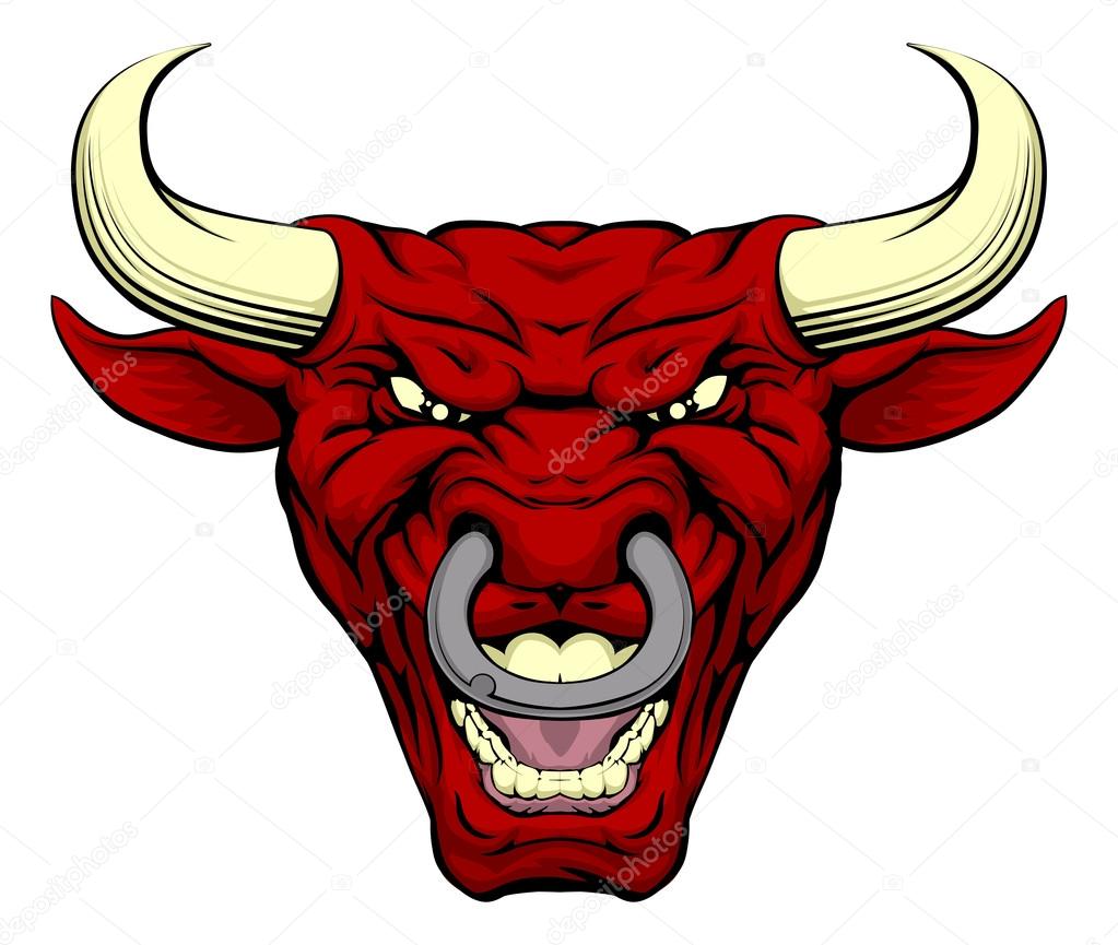 An illustration of a cartoon tough red bull character face