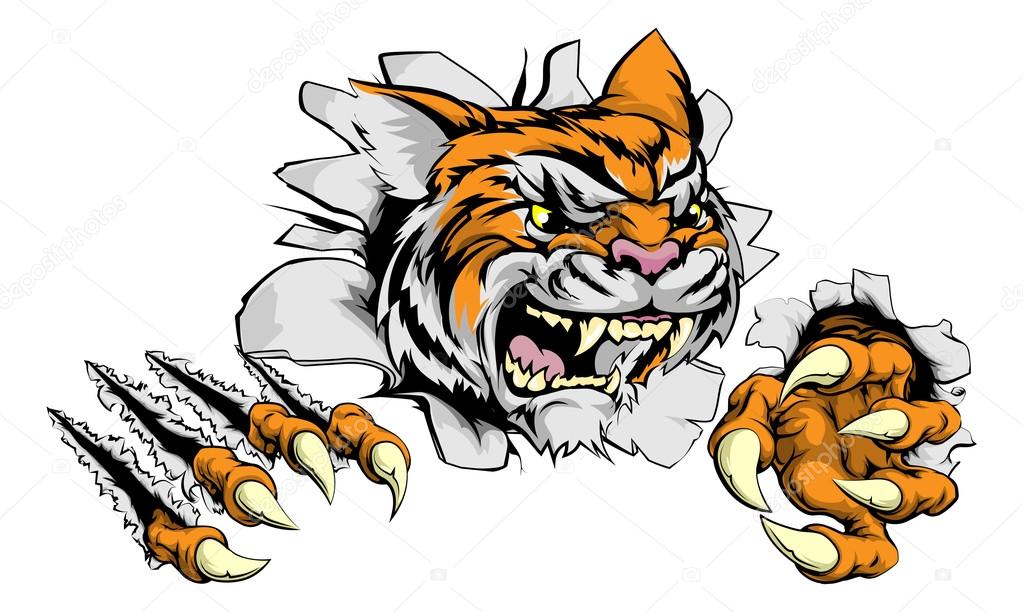 A tough tiger animal sports mascot breaking through a wall
