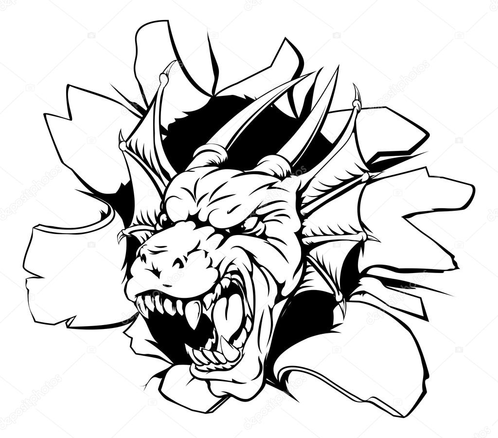 An illustration of a snarling dragon head bursting through a wall