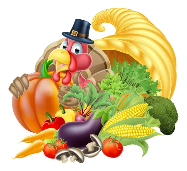 Cornucopia och Thanksgiving kalkon — Stock vektor